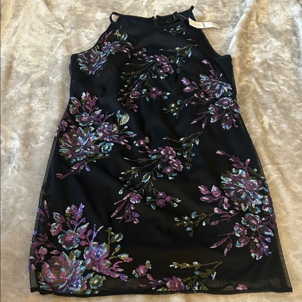 White House Black Market Black Mini Dress with Purple & Teal Floral Sequin Embro